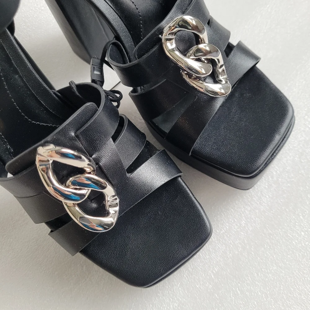 NWT Zara Chunky Black Platform Sandals with Chain Detail High Heels Size 8 - Picture 8 of 16